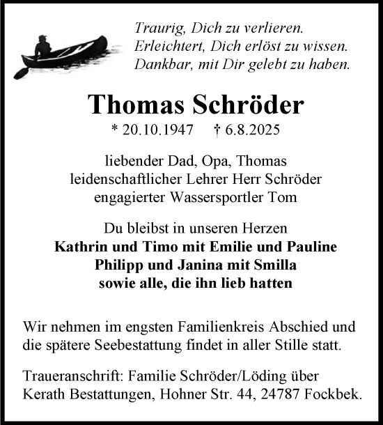Traueranzeige von Thomas Schröder von Schleswig-Holsteinische Landeszeitung