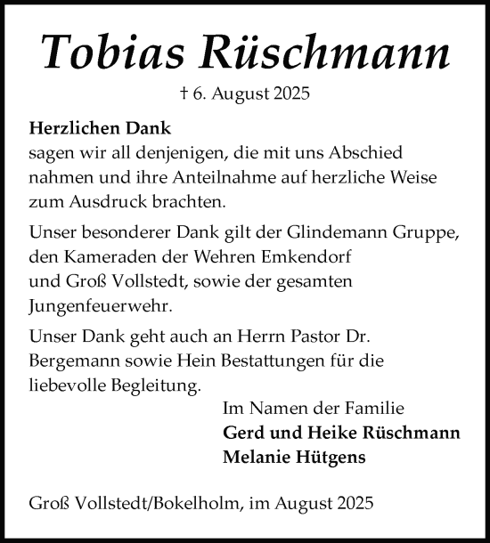 Traueranzeige von Tobias Rüschmann von Schleswig-Holsteinische Landeszeitung