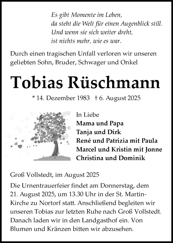  Traueranzeige für Tobias Rüschmann vom 16.08.2025 aus Schleswig-Holsteinische Landeszeitung