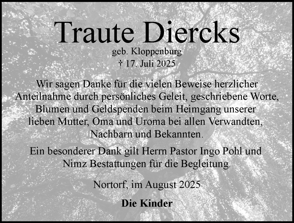  Traueranzeige für Traute Diercks vom 23.08.2025 aus Norddeutsche Rundschau, Wilstersche Zeitung, Glückstädter Fortuna