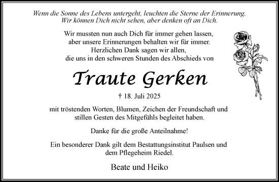 Traueranzeige von Traute Gerken von MARKT Bad Oldesloe/Reinfeld, MARKT Ahrensburg/Bargteheide/Trittau und Stormarner Tageblatt