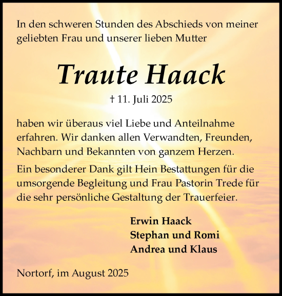 Traueranzeige von Traute Haack von Schleswig-Holsteinische Landeszeitung