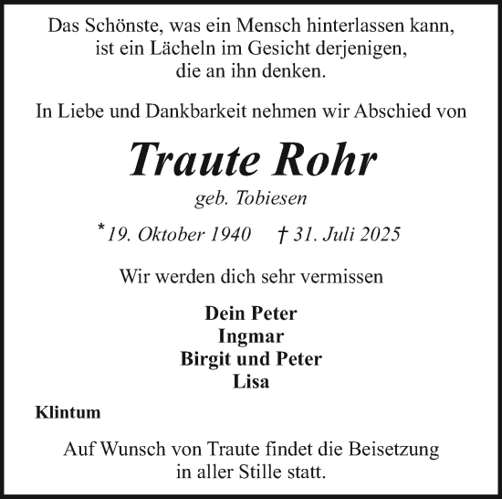 Traueranzeige von Traute Rohr von Husumer Nachrichten, Nordfriesland Tageblatt