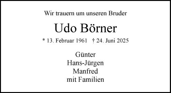 Traueranzeige von Udo Börner von MARKT Ratzeburg/Mölln