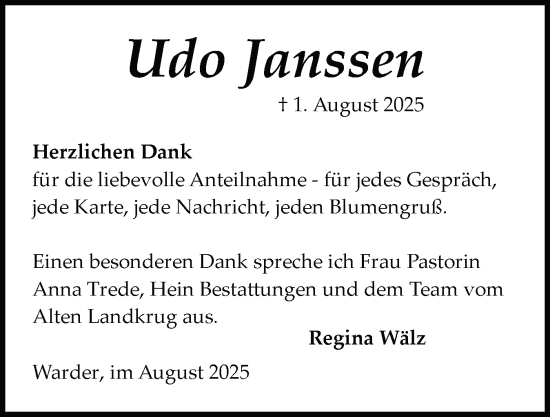 Traueranzeige von Udo Janssen von Schleswig-Holsteinische Landeszeitung
