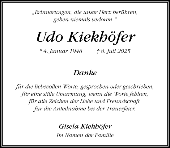 Traueranzeige von Udo Kiekhöfer von MARKT Glinde/Reinbek