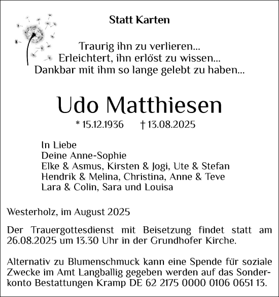 Traueranzeige von Udo Matthiesen von Flensburger Tageblatt
