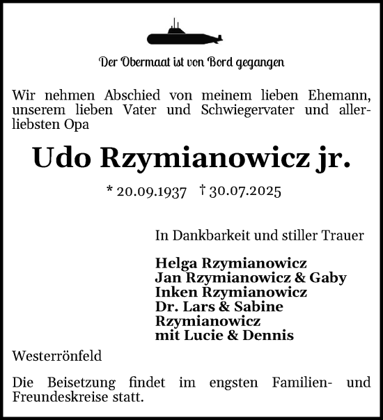 Traueranzeige von Udo Rzymianowicz von Schleswig-Holsteinische Landeszeitung