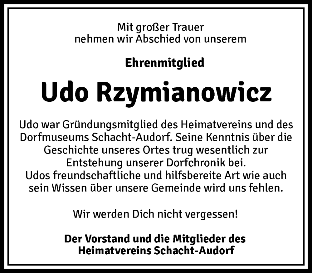  Traueranzeige für Udo Rzymianowicz vom 12.08.2025 aus Schleswig-Holsteinische Landeszeitung