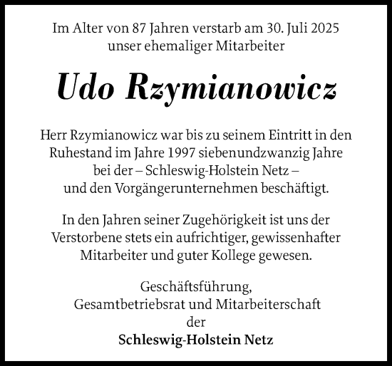Traueranzeige von Udo Rzymianowicz von Schleswig-Holsteinische Landeszeitung