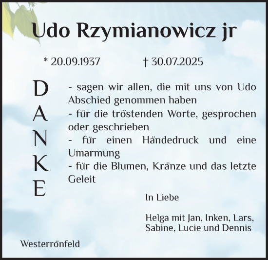 Traueranzeige von Udo Rzymianowicz von Schleswig-Holsteinische Landeszeitung