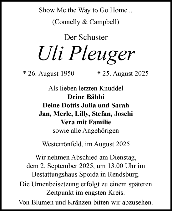 Traueranzeige von Uli Pleuger von Schleswig-Holsteinische Landeszeitung