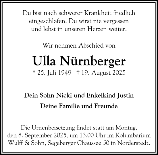 Traueranzeige von Ulla Nürnberger von Heimatspiegel