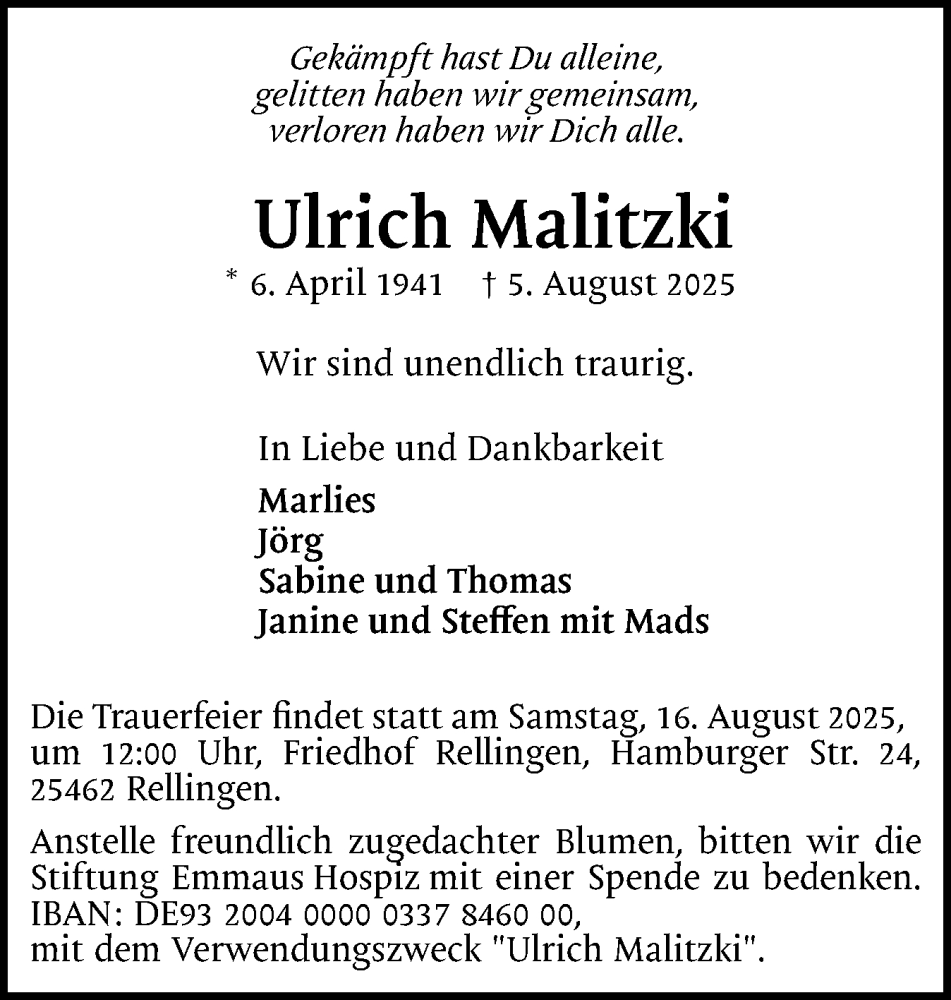 Traueranzeige für Ulrich Malitzki vom 09.08.2025 aus Region Pinneberg und tip Pinneberg