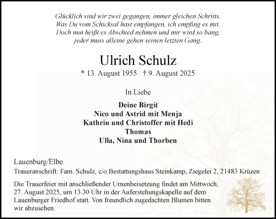 Traueranzeige von Ulrich Schulz von Wochenend Anzeiger