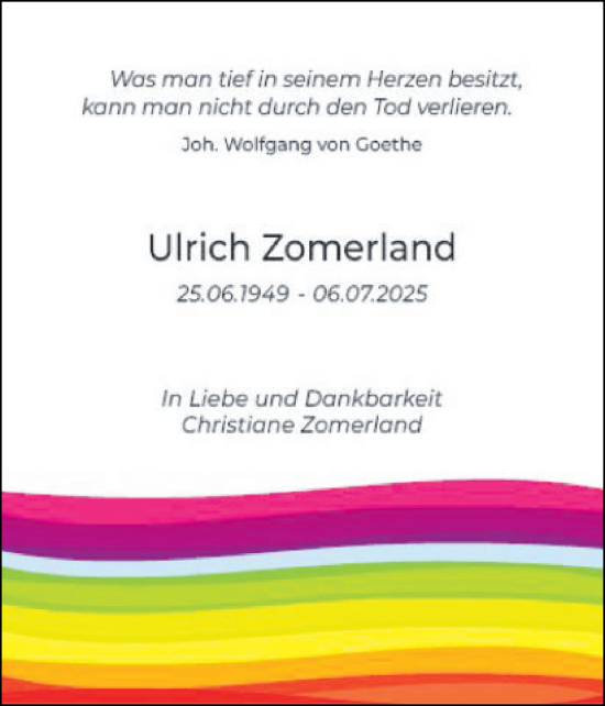 Traueranzeige von Ulrich Zomerland von Ostholsteiner Anzeiger