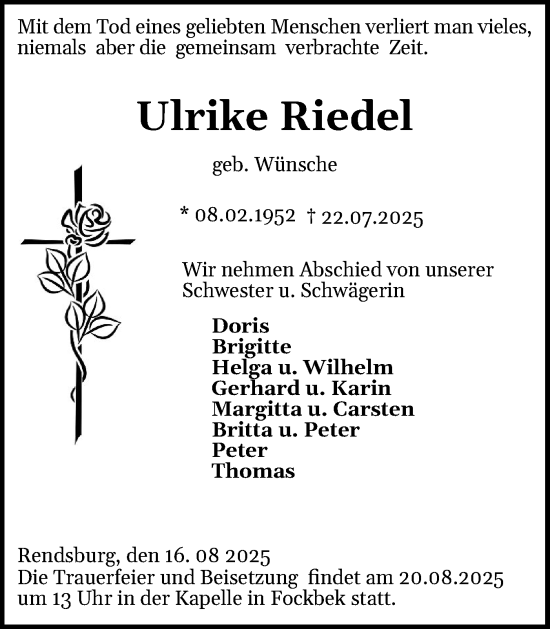 Traueranzeige von Ulrike Riedel von Schleswig-Holsteinische Landeszeitung