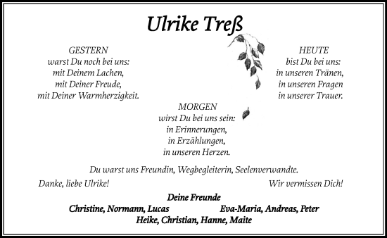 Traueranzeige von Ulrike Trefs von Heimatspiegel