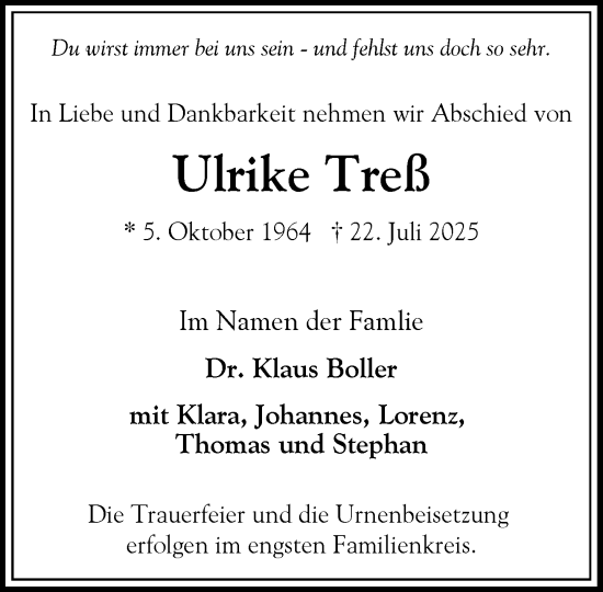 Traueranzeige von Ulrike Treß von Heimatspiegel