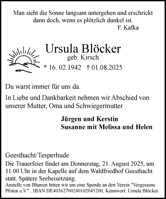Traueranzeige von Ursula Blöcker von Wochenend Anzeiger