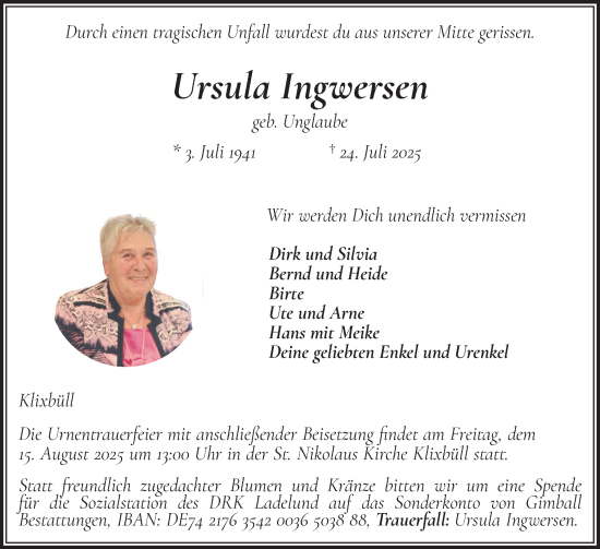Traueranzeige von Ursula Ingwersen von Husumer Nachrichten, Nordfriesland Tageblatt