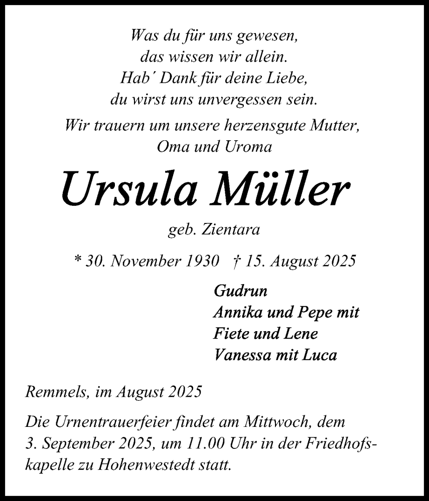  Traueranzeige für Ursula Müller vom 23.08.2025 aus Schleswig-Holsteinische Landeszeitung