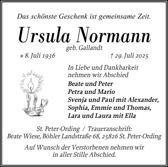 Traueranzeige von Ursula Normann von Husumer Nachrichten, Nordfriesland Tageblatt