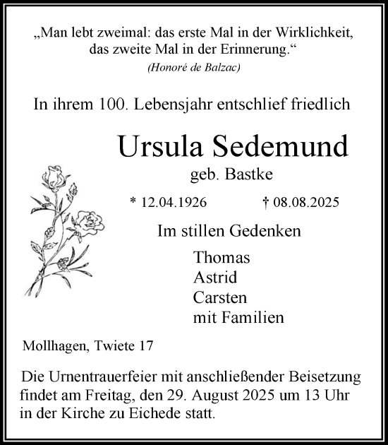 Traueranzeige von Ursula Sedemund von MARKT Bad Oldesloe/Reinfeld, MARKT Ahrensburg/Bargteheide/Trittau und Stormarner Tageblatt