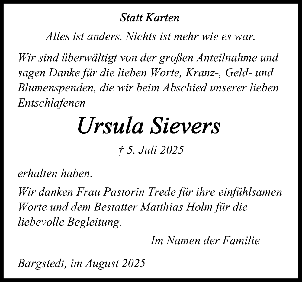  Traueranzeige für Ursula Sievers vom 16.08.2025 aus Schleswig-Holsteinische Landeszeitung