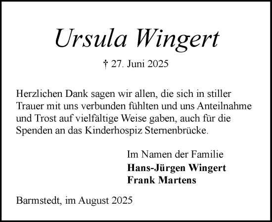 Traueranzeige von Ursula Wingert von Elmshorner Nachrichten, Barmstedter Zeitung