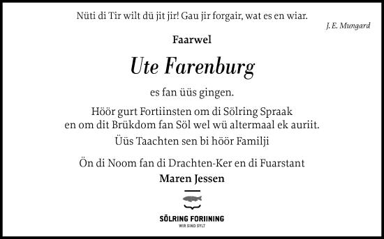 Traueranzeige von Ute Farenburg von Sylter Rundschau