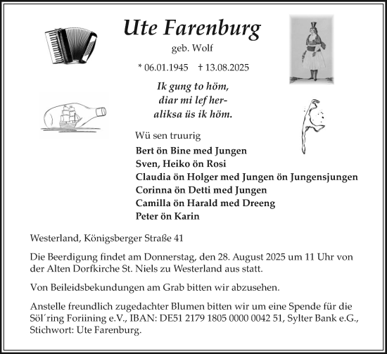 Traueranzeige von Ute Farenburg von Sylter Rundschau