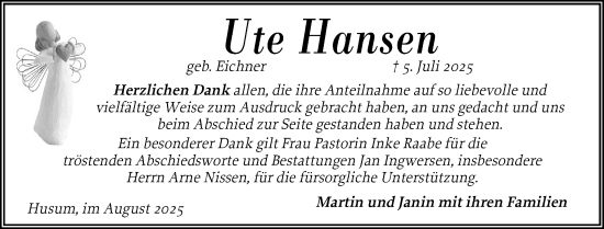 Traueranzeige von Ute Hansen von Husumer Nachrichten, Nordfriesland Tageblatt