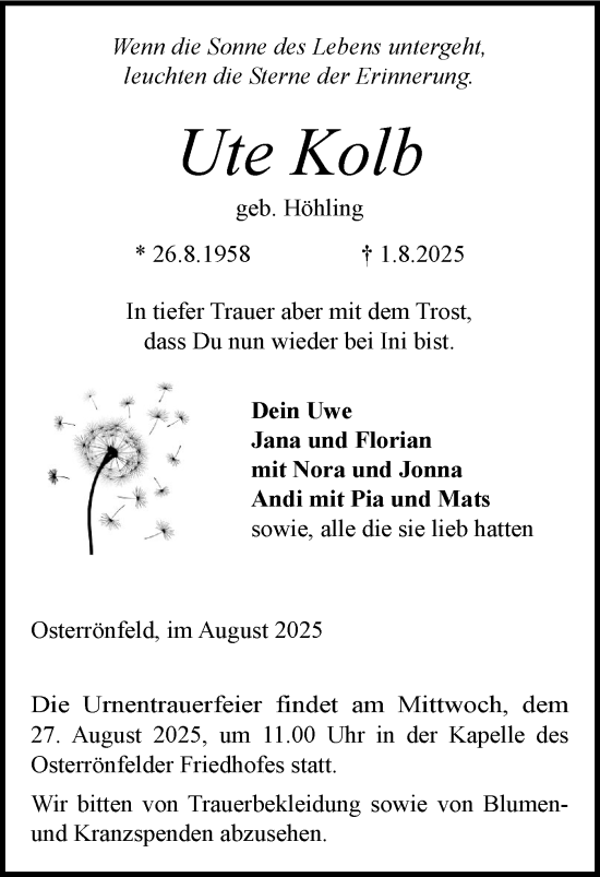 Traueranzeige von Ute Kolb von Schleswig-Holsteinische Landeszeitung