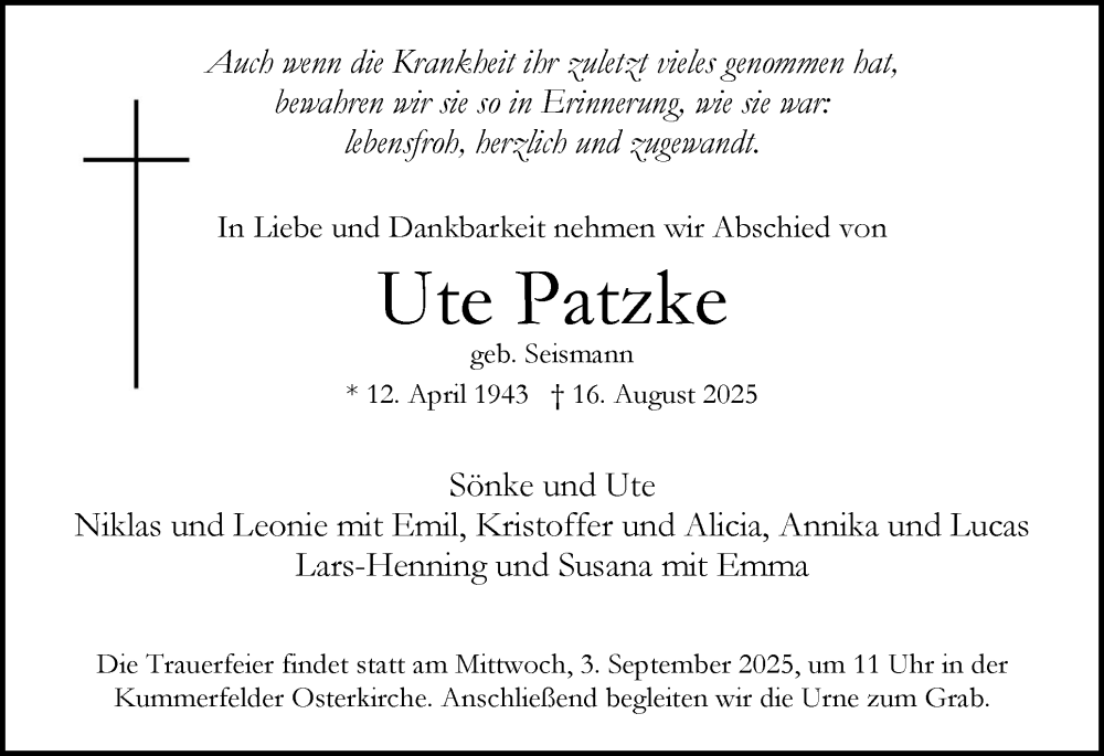  Traueranzeige für Ute Patzke vom 23.08.2025 aus Region Pinneberg und tip Pinneberg