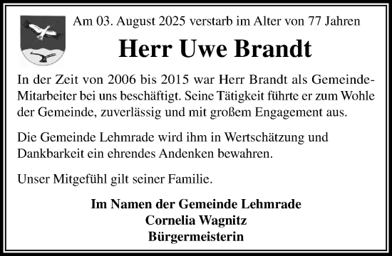 Traueranzeige von Uwe Brandt von MARKT Ratzeburg/Mölln