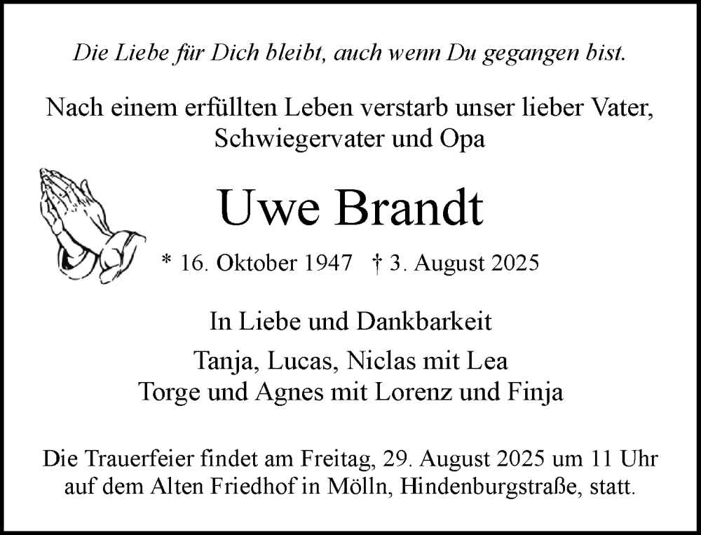  Traueranzeige für Uwe Brandt vom 23.08.2025 aus MARKT Ratzeburg/Mölln