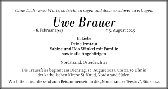Traueranzeige von Uwe Brauer von Husumer Nachrichten, Nordfriesland Tageblatt