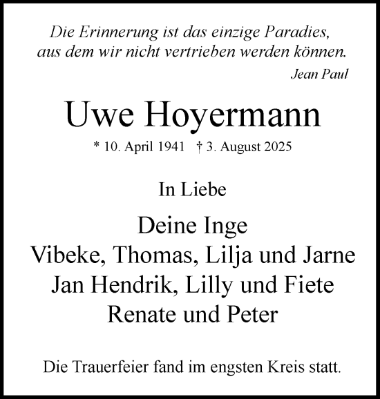 Traueranzeige von Uwe Hoyermann von Uetersener Nachrichten, Der tip am Wochenende