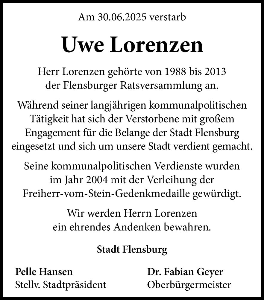  Traueranzeige für Uwe Lorenzen vom 18.08.2025 aus Flensburger Tageblatt