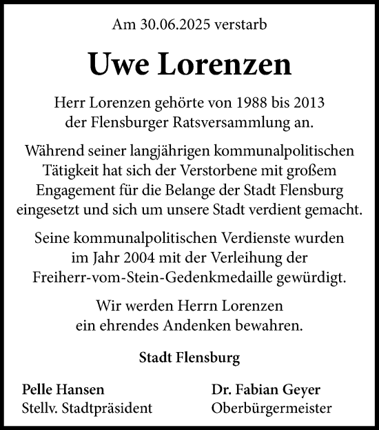 Traueranzeige von Uwe Lorenzen von Flensburger Tageblatt