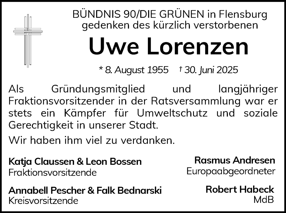  Traueranzeige für Uwe Lorenzen vom 13.08.2025 aus Flensburger Tageblatt