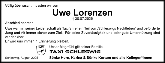Traueranzeige von Uwe Lorenzen von Flensburger Tageblatt, Schleswiger Nachrichten, Schlei-Bote