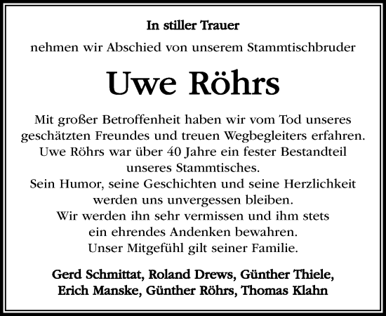 Traueranzeige von Uwe Röhrs von MARKT Ratzeburg/Mölln
