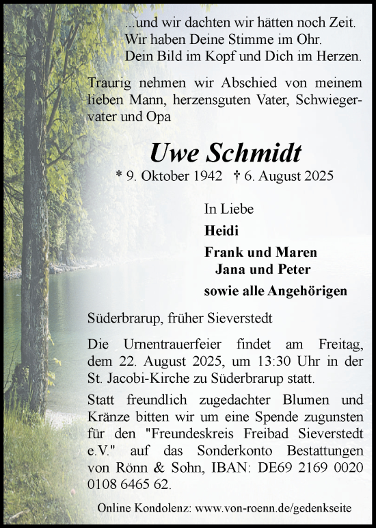Traueranzeige von Uwe Schmidt von Flensburger Tageblatt, Schleswiger Nachrichten, Schlei-Bote