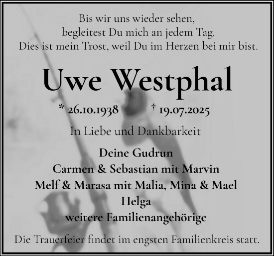 Traueranzeige von Uwe Westphal von Norddeutsche Rundschau, Wilstersche Zeitung, Glückstädter Fortuna