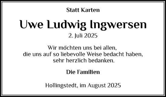 Traueranzeige von Uwe Ludwig Ingwersen von Schleswiger Nachrichten, Schlei-Bote