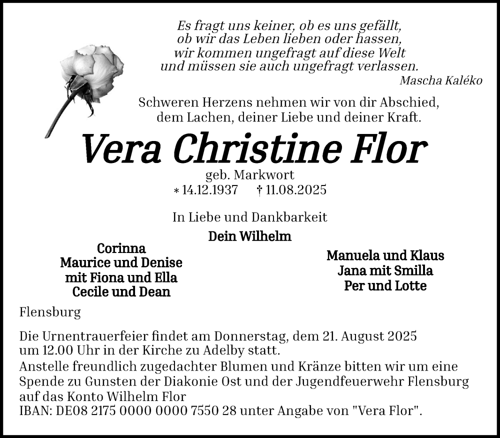  Traueranzeige für Vera Christine Flor vom 16.08.2025 aus Flensburger Tageblatt