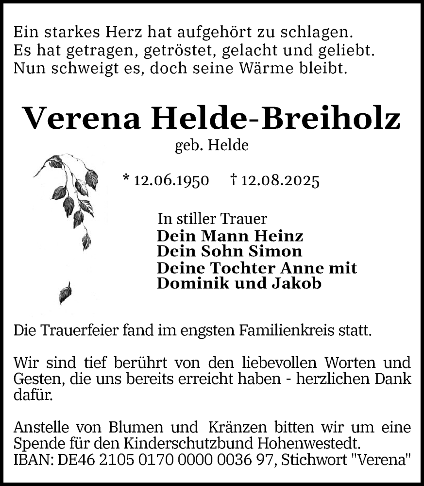  Traueranzeige für Verena Helde-Breiholz vom 30.08.2025 aus Schleswig-Holsteinische Landeszeitung