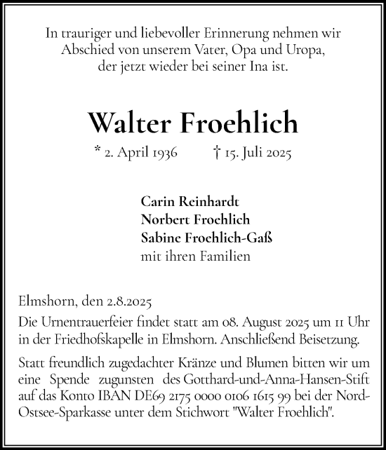 Traueranzeige von Walter Froehlich von Elmshorner Nachrichten, Barmstedter Zeitung